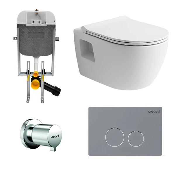 Turavit Rondo Kanallı Beyaz Asma Klozet RND5508, Nkp Yavaş Kapak, Creavit Terra Gömme Rezervuar Set