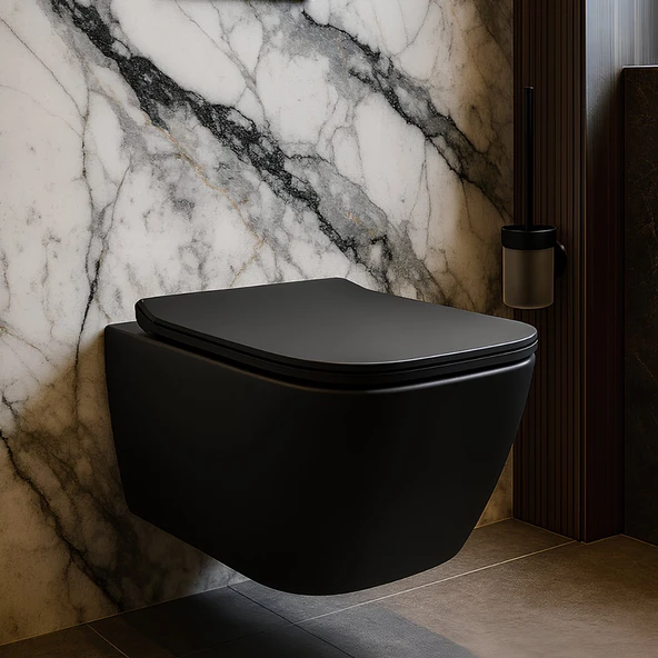 Turavit Luna Kanalsız Mat Siyah Asma Klozet LN5610S, Luna Mat Siyah Duroplast Yavaş Kapak - 2