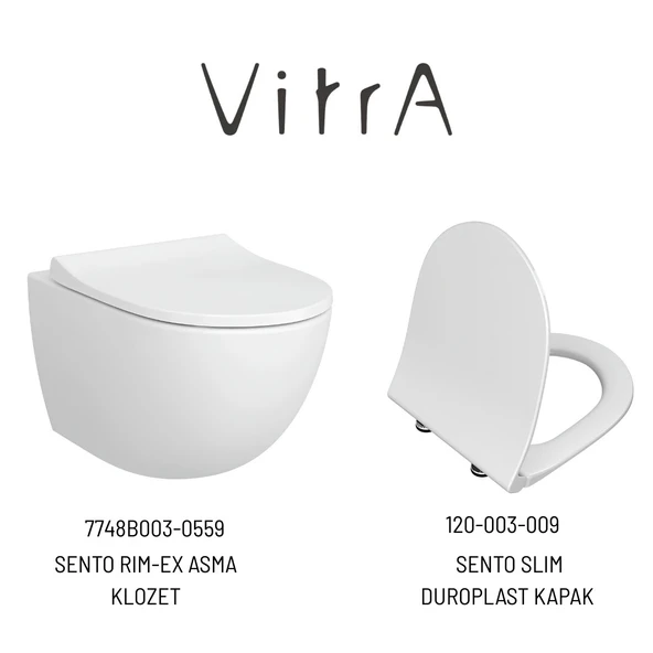 Vitra Sento Rim-Ex Beyaz Asma Klozet 7748B003-0559, Vitra Slim Yavaş Kapak 120-003-009 - Resim 2