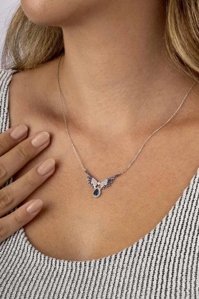 Gümüş Pazarım Lacivert Taşlı  Melek Kanadı 925 Ayar Gümüş Kadın Kolye ürün görseli 1