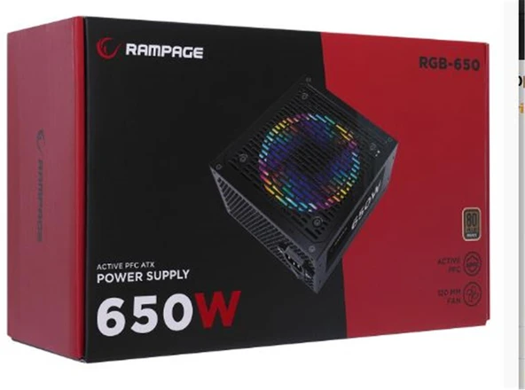 Rampage RGB-650 650W 80 Plus Bronze Aktif PFC 12cm RGB Fanlı Power Supply ürün görseli 1