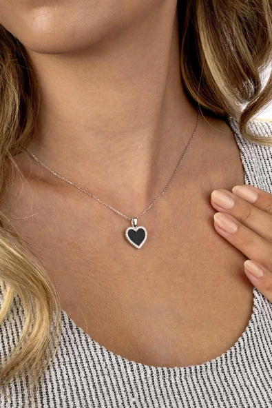 Gümüş Pazarım Oniks Taşlı Beyaz Altın Kaplama 925 Ayar Gümüş Kadın Kolye - Resim 3