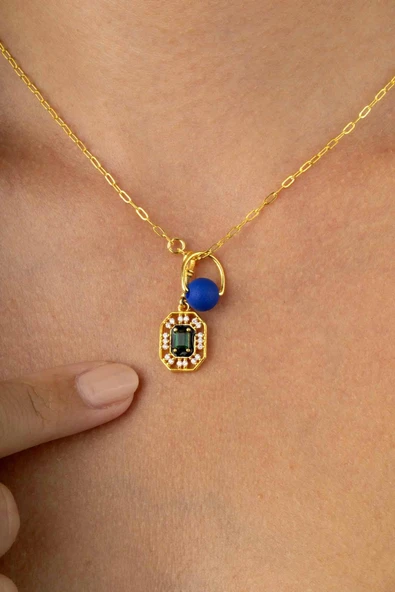 Gümüş Pazarım Emerald Kesim Zümrüt 925 Ayar Gümüş Altın Kaplama Kadın Kolye