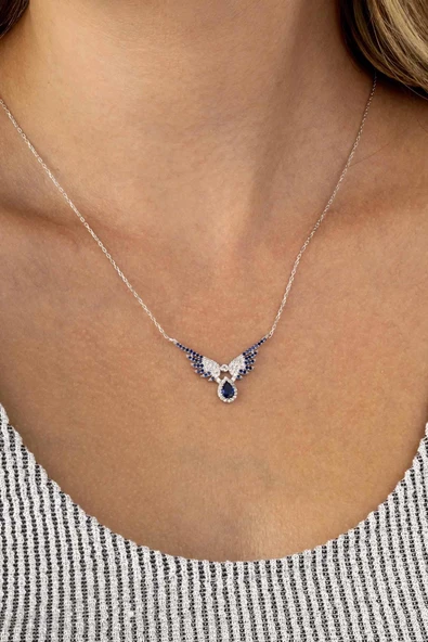 Gümüş Pazarım Lacivert Taşlı  Melek Kanadı 925 Ayar Gümüş Kadın Kolye - Resim 2