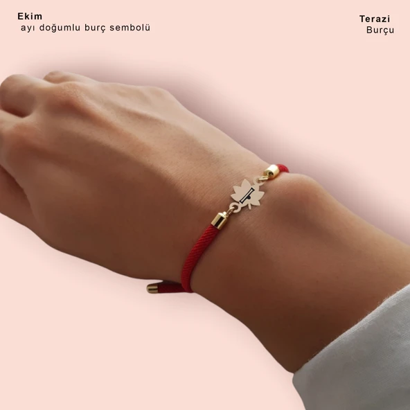 Doğum Ayına Özel 14 Ayar Altın Plakalı Yaprak Motifli Kırmızı Örgü İpli Hediye Bileklik-325 - Resim 2