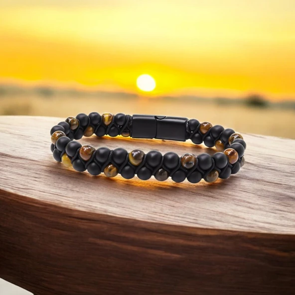 Kaplan Gözü Ve Oniks Doğaltaş Ve Çelik Halatlı Erkek Bileklik 31832B18D2 - Resim 2