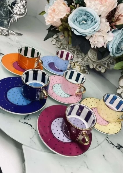 Kosova Kahve Fincan Takımı 6 Kişilik 90cc FNC07 Nokta Çizgi Desen - 2