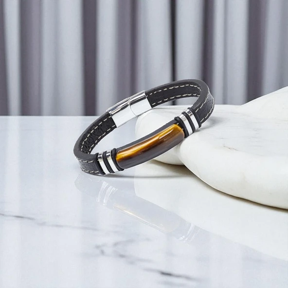 Kaplangözü Taş & Deri Kordonlu Titanyum Çelik Erkek Bileklik 31832B1D1 - Resim 3