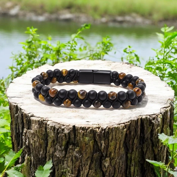 Kaplan Gözü Ve Oniks Doğaltaş Ve Çelik Halatlı Erkek Bileklik 31832B18D2 - Resim 7