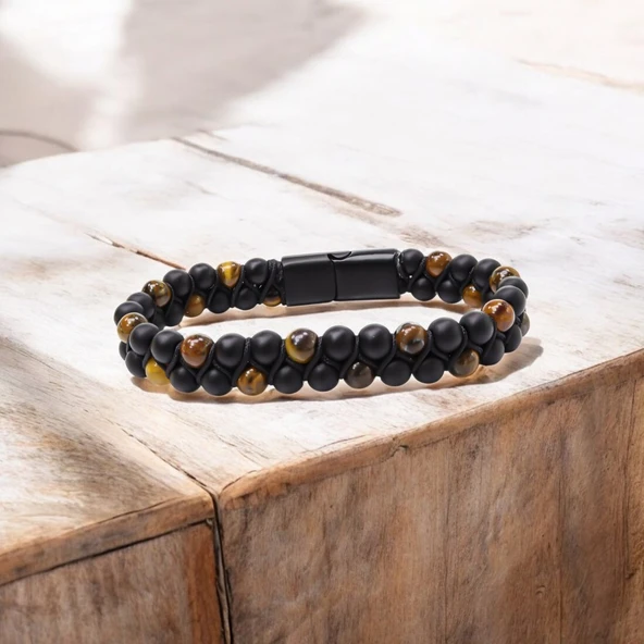 Kaplan Gözü Ve Oniks Doğaltaş Ve Çelik Halatlı Erkek Bileklik 31832B18D2 - Resim 4