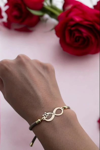 Harfe Özel 14 Ayar Altın Plakalı Sonsuzluk Figürlü Krem Renkli İpek Örgülü Hediye Bileklik-329 - Resim 2
