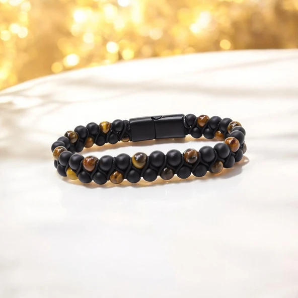 Kaplan Gözü Ve Oniks Doğaltaş Ve Çelik Halatlı Erkek Bileklik 31832B18D2 - Resim 8