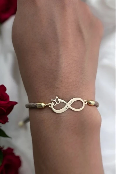 İsme Özel Sonsuzluk Figürlü Krem Renkli İpek Örgülü 14 Ayar Altın Plakalı Hediye Bileklik-329 - Resim 2