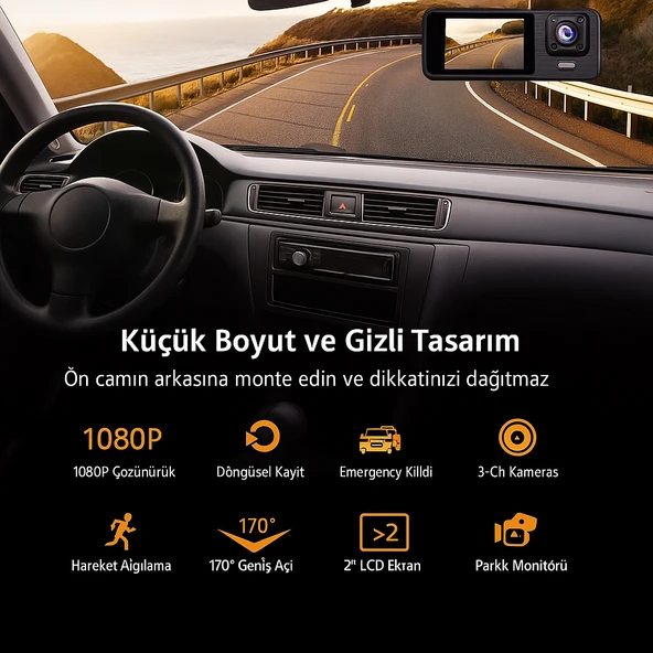 3 Kanallı 1080P Full HD WiFi Destekli Araç Kamerası - Gece Görüşlü, Park Monitörlü, Geniş Açı - 6