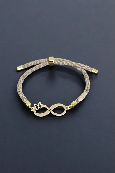 Harfe Özel 14 Ayar Altın Plakalı Sonsuzluk Figürlü Krem Renkli İpek Örgülü Hediye Bileklik-329 ürün görseli