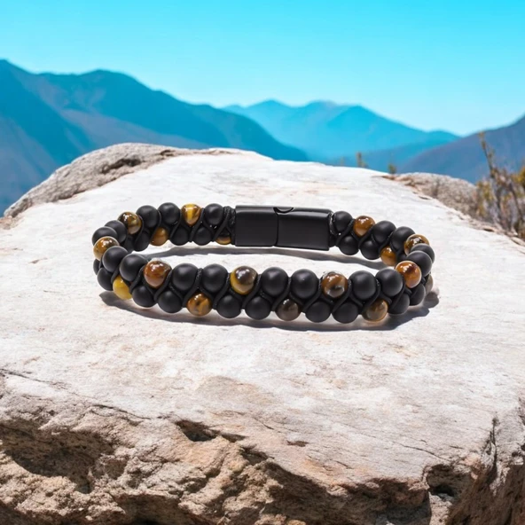 Kaplan Gözü Ve Oniks Doğaltaş Ve Çelik Halatlı Erkek Bileklik 31832B18D2 - Resim 5