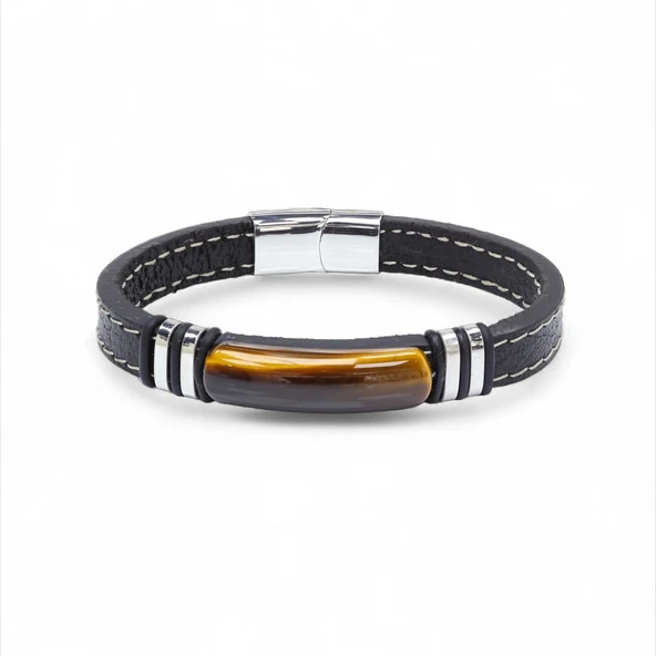 Kaplangözü Taş & Deri Kordonlu Titanyum Çelik Erkek Bileklik 31832B1D1 ürün görseli 1