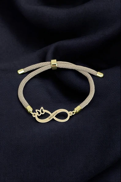 İsme Özel Sonsuzluk Figürlü Krem Renkli İpek Örgülü 14 Ayar Altın Plakalı Hediye Bileklik-329 ürün görseli