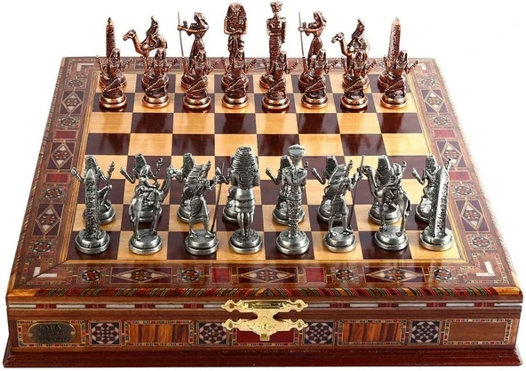 GiftHome Metal Mısır Satranç Takımı Antik ve El Yapımı Masif Ahşap Sandıklı Satranç Tahtası Outlet