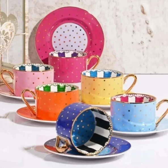 Kosova Kahve Fincan Takımı 6 Kişilik 90cc FNC07 Nokta Çizgi Desen - 3