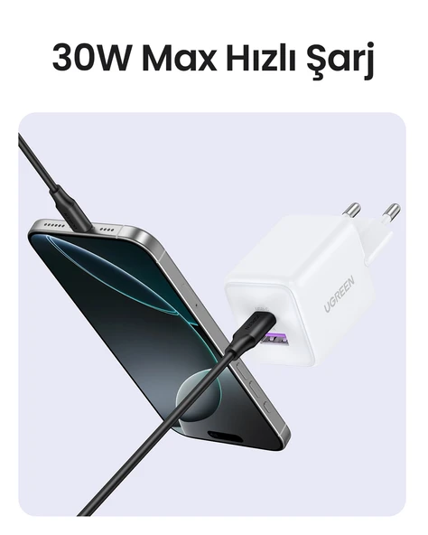 UGREEN 30W GaN Hızlı Şarj Cihazı 2 Portlu, 1xUSB-A, 1xUSB-C, Beyaz, 65015 - 5