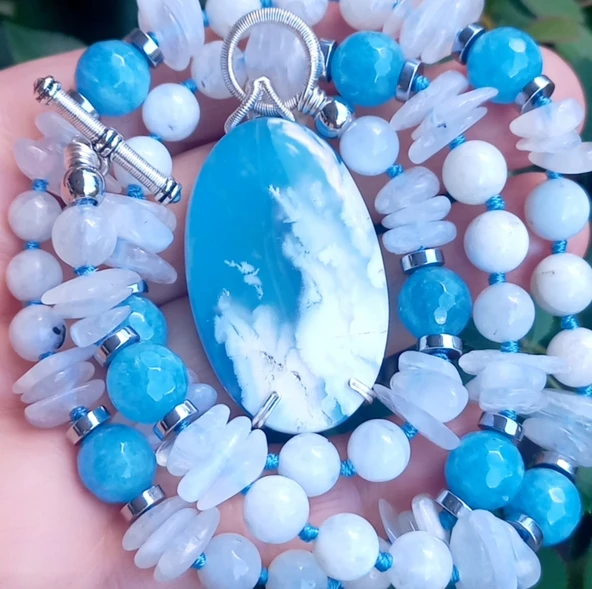 2438 Oval Tüy Akik Mavi Kuvars Ay taşı Hematit düğümlü el yapımı kolye - 2