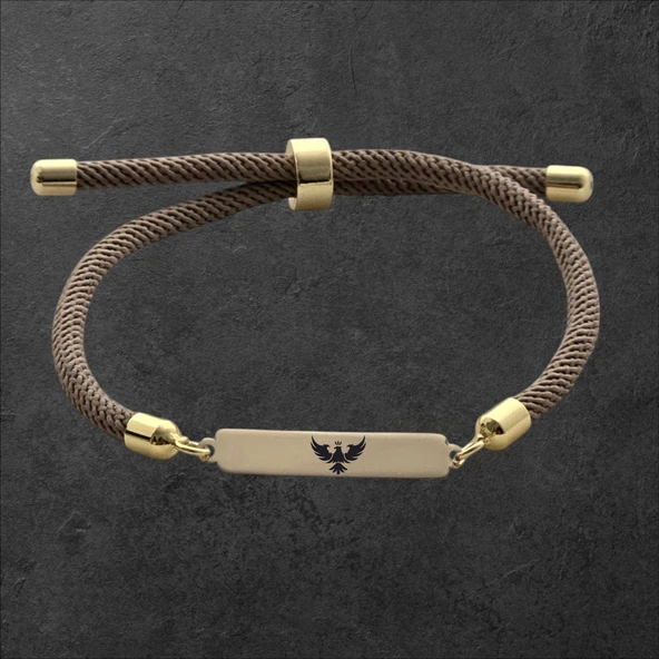 Sembole Özel Kahverengi Örgü İpli 14 Ayar Altın Plakalı Dikdörtgen Motifli Hediye Bileklik-330 ürün görseli