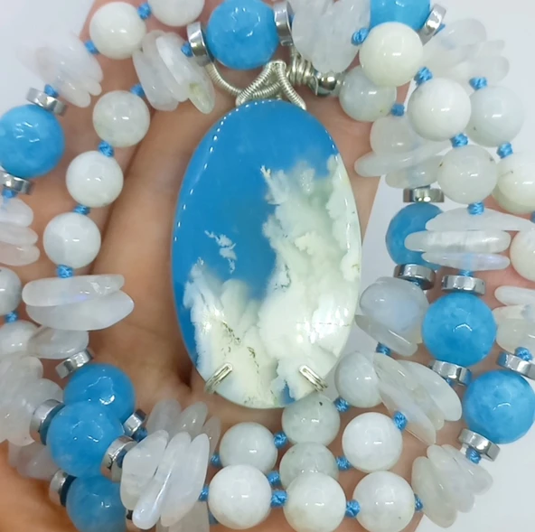 2438 Oval Tüy Akik Mavi Kuvars Ay taşı Hematit düğümlü el yapımı kolye - 6