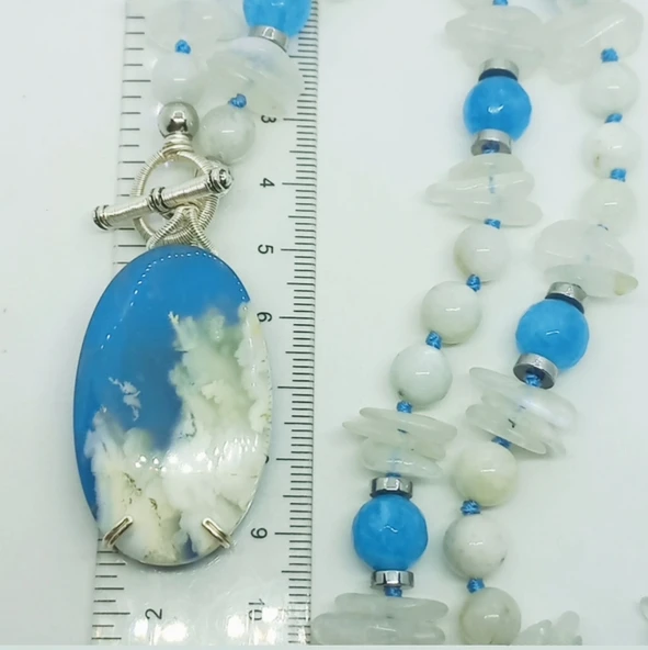 2438 Oval Tüy Akik Mavi Kuvars Ay taşı Hematit düğümlü el yapımı kolye - 3