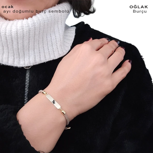 Burca Özel Dikdörtgen Motifli Kahverengi Örgü İpli 14 Ayar Altın Plakalı Hediye Bileklik-330 - Resim 2