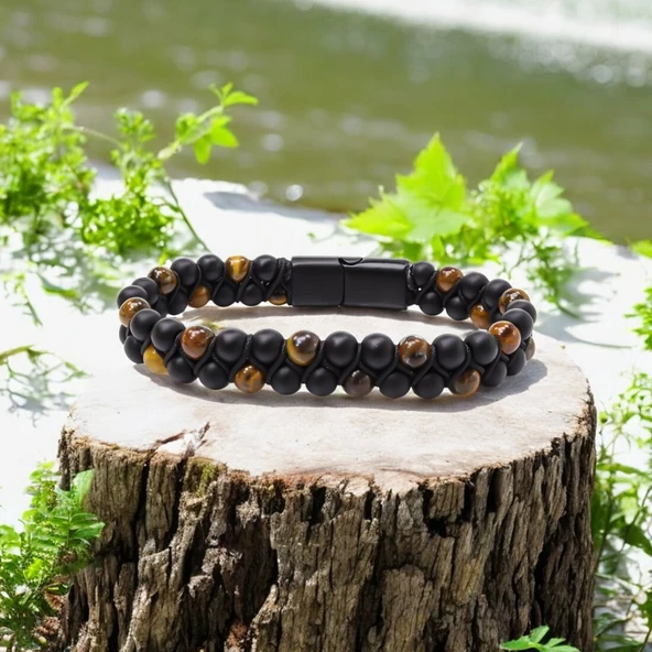 Kaplan Gözü Ve Oniks Doğaltaş Ve Çelik Halatlı Erkek Bileklik 31832B18D2 - Resim 3