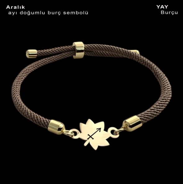 Doğum Ayına Özel 14 Ayar Altın Plakalı Yaprak Figürlü Kahverengi İpek Örgülü Hediye Bileklik-331 ürün görseli