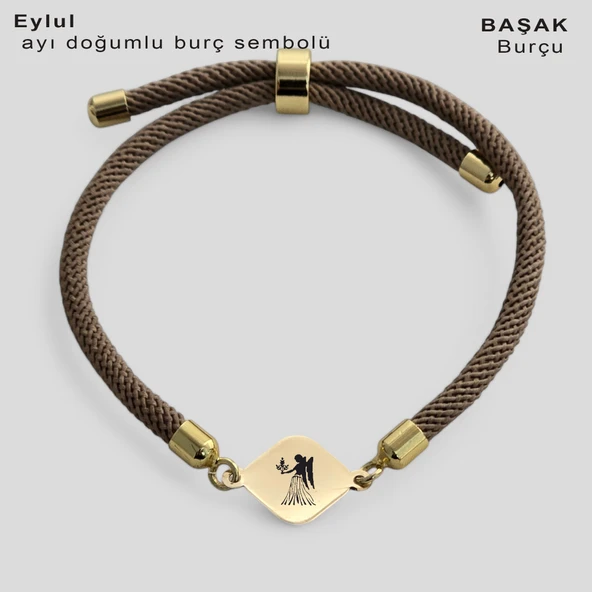 Burca Özel Eşkenar Dörtgenli Kahverengi Örgü İpli 14 Ayar Altın Plakalı Hediye Bileklik-332 ürün görseli