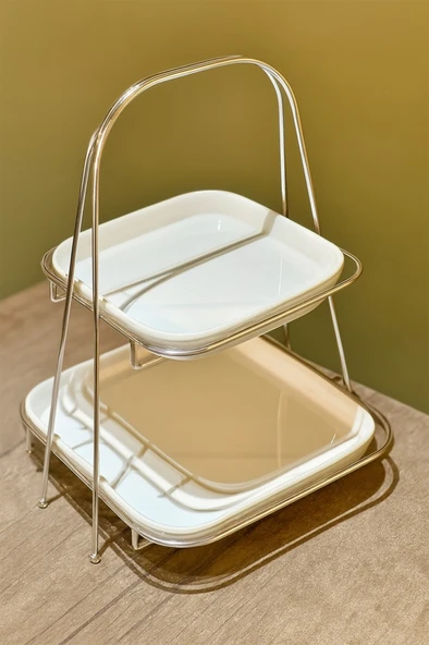 2 Katlı Kare Gümüş Metal Standlı Mika Sunumluk Şekerlik Lokumluk Kurabiyelik - 1