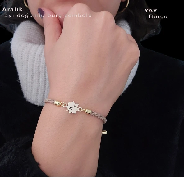 Doğum Ayına Özel 14 Ayar Altın Plakalı Yaprak Figürlü Kahverengi İpek Örgülü Hediye Bileklik-331 - Resim 2