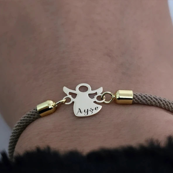İsme Özel Mevlana Figürlü Kahverengi Örgü İpli 14 Ayar Altın Plakalı Hediye Bileklik-335 - Resim 2