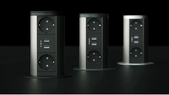 Mat Siyah Usb Hızlı Şarjlı Tower Line Amortisörlü Bas-aç Priz Sistemi ürün görseli