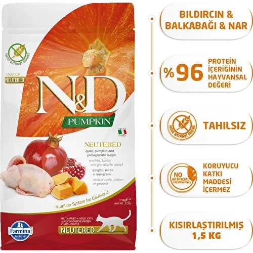 Nd Tahılsız Bıldırcın Etli Balkabaklı  Kısırlaştırılmış Kedi Maması 1,5 Kg ürün görseli