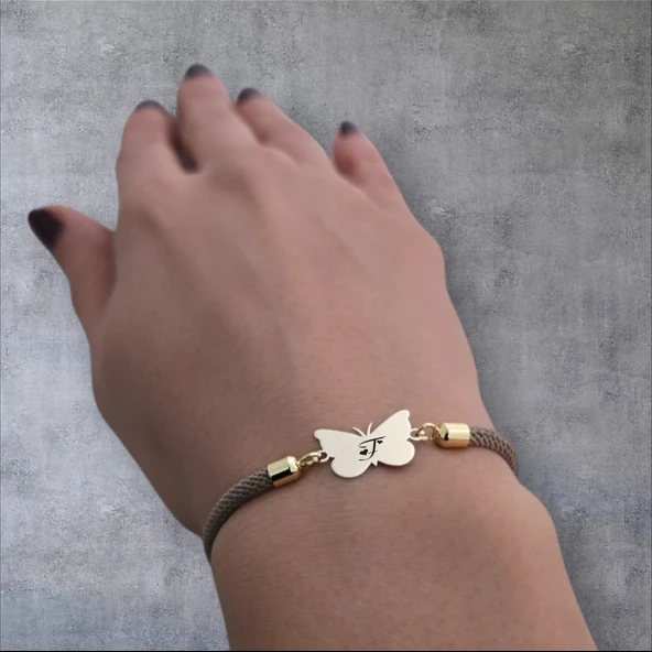 Harfe Özel 14 Ayar Altın Plakalı Kelebek Motifli Kahverengi İpek Örgülü Hediye Bileklik-336 ürün görseli