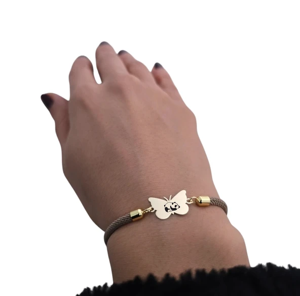 Sembole Özel Kahverengi İpek Örgülü 14 Ayar Altın Plakalı Kelebek Motifli Hediye Bileklik-336 ürün görseli