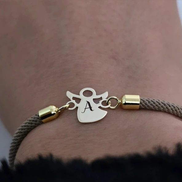 Harfe Özel 14 Ayar Altın Plakalı Mevlana Figürlü Kahverengi Örgü İpli Hediye Bileklik-335 - Resim 2