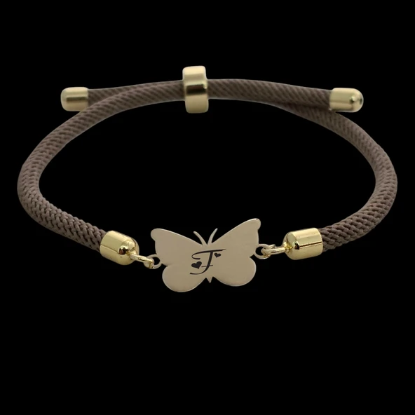 Harfe Özel 14 Ayar Altın Plakalı Kelebek Motifli Kahverengi İpek Örgülü Hediye Bileklik-336 - Resim 2