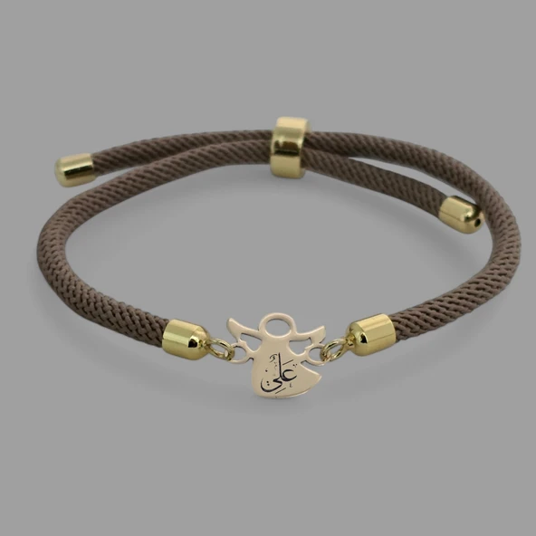 Sembole Özel Kahverengi Örgü İpli 14 Ayar Altın Plakalı Mevlana Figürlü Hediye Bileklik-335 ürün görseli