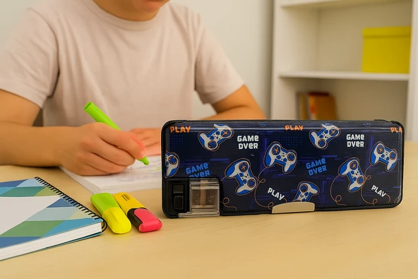 Fixpoint Çift Taraflı, Çift Kalemtıraşlı, Cüzdan Tipi Mavi Kalem Çantası/Kalemlik ürün görseli