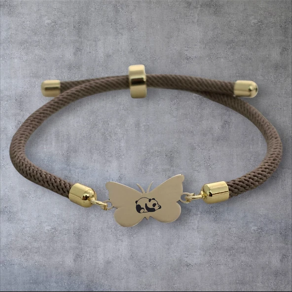 Sembole Özel Kahverengi İpek Örgülü 14 Ayar Altın Plakalı Kelebek Motifli Hediye Bileklik-336 - Resim 2