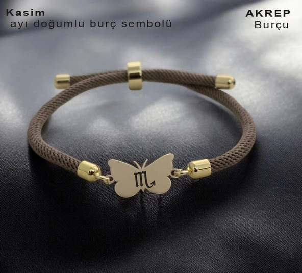 Doğum Ayına Özel 14 Ayar Altın Plakalı Kelebek Motifli Kahverengi İpek Örgülü Hediye Bileklik-336 - Resim 2