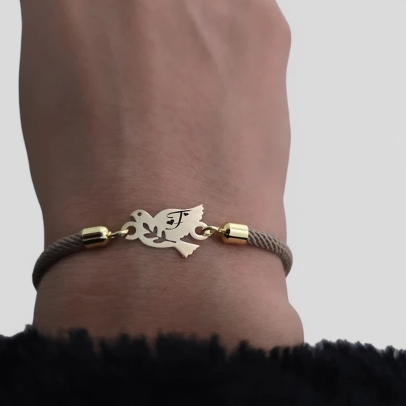 Harfe Özel 14 Ayar Altın Plakalı Kuş Motifli Kahverengi İpek Örgülü Hediye Bileklik-334 - Resim 2