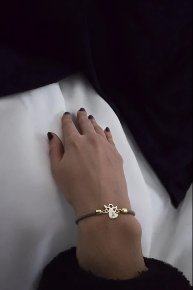 Sembole Özel Kahverengi Örgü İpli 14 Ayar Altın Plakalı Mevlana Figürlü Hediye Bileklik-335 - Resim 2