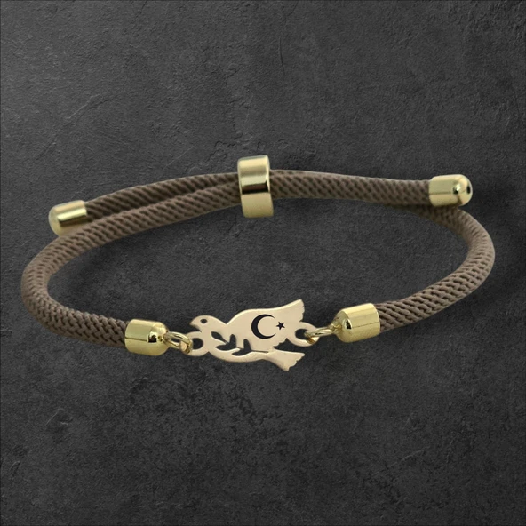 Sembole Özel Kahverengi İpek Örgülü 14 Ayar Altın Plakalı Kuş Motifli Hediye Bileklik-334 ürün görseli