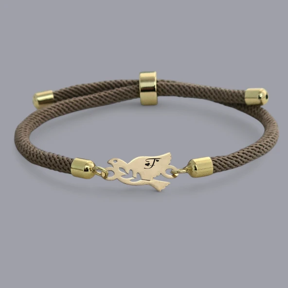 Harfe Özel 14 Ayar Altın Plakalı Kuş Motifli Kahverengi İpek Örgülü Hediye Bileklik-334 ürün görseli